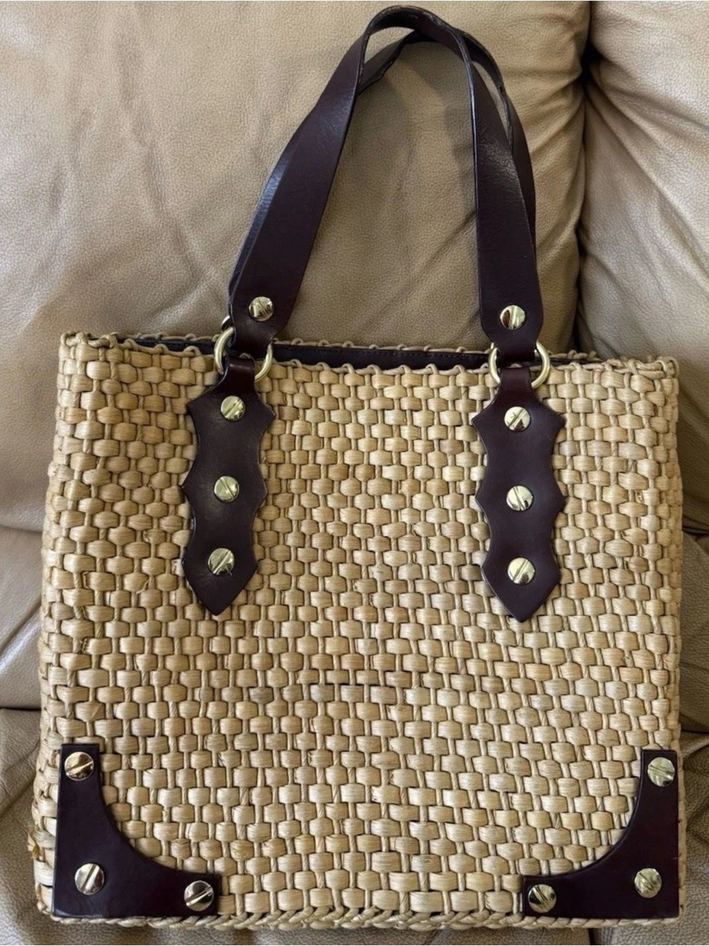 MICHAEL Kors Santorini Raffia Straw Tote Handbag Brown Leather Accents - Picture 5 of 16